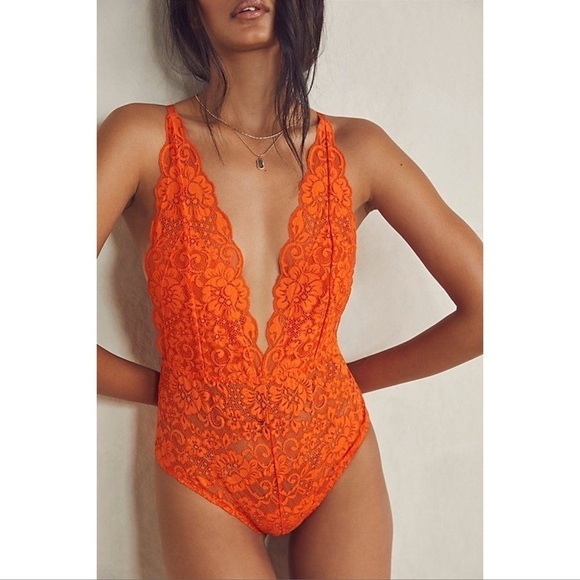 FREE PEOPLE x HAH Comin’ In HAHt Lace Bodysuit In Burnt Orange - Picture 1 of 4
